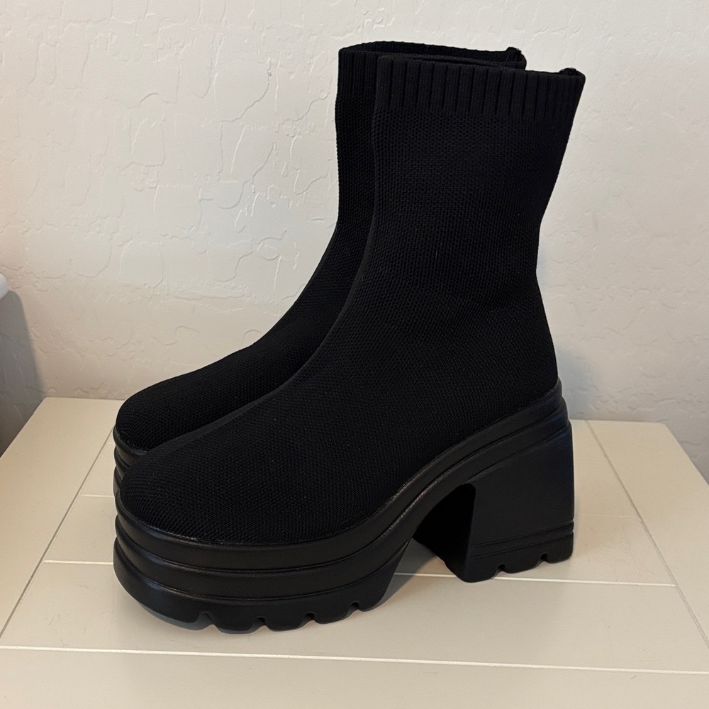 Black Stretch Knit Platform Ankle Boots - Women's Chunky Heel